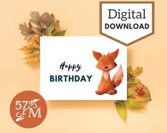 Printable Birthday Greeting Card Instant Download - Fox Card - 5x7 inch card for Birthday - Fox Birthday Cards - Birthday Card with Fox