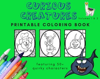 50 Curious Creatures Printable Coloring Book - 2 in 1 | Kids Activity | PDF, Letter (8.5 x 11 in) | Print at Home | Kids Art | Color | Humor