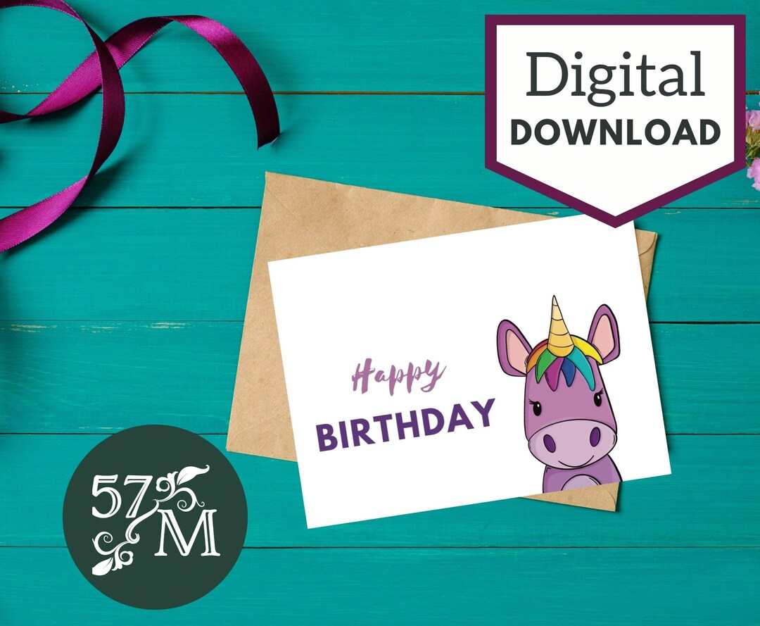 Printable Birthday Greeting Card Instant Download Unicorn Card 5x7 Inch