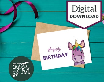 Printable Birthday Greeting Card Instant Download - Unicorn Card - 5x7 inch card for Birthday. Unicorn Birthday Cards - Unicorn Card