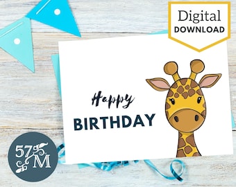 Tarjeta de cumpleaños de jirafa de dibujos animados: saludo imprimible de 5x7 (descarga digital)