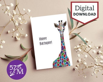 Printable Birthday Greeting Card Instant Download - Giraffe Card - 5x7 inch card for Birthday. Giraffe Birthday Cards - Giraffe Card