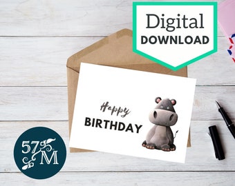 Tarjeta de felicitación de cumpleaños imprimible Descarga instantánea - Tarjeta Hippo - Tarjeta de 5x7 pulgadas para cumpleaños. Tarjetas de cumpleaños de hipopótamo - Tarjeta de hipopótamo