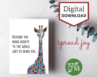 Printable Gratitude Greeting Card Instant Download - Spread Joy - Giraffe Card - 7x5 inch card just because. Gratitude Cards - Giraffe Card