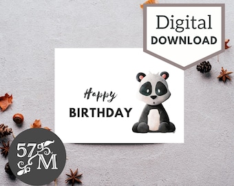 Printable Birthday Greeting Card Instant Download - Panda Card - 5x7 inch card for Birthday. Panda Birthday Cards - Birthday Card with Panda