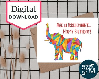 Tarjeta de cumpleaños con juego de palabras de elefante: Diseño policromático (Descarga digital)