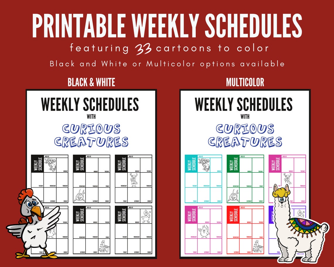 33 Weekly B&amp;W Schedule Printable Planner Weekly Cartoon to Color PDF ...