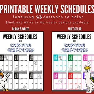 Black and White Weekly Planner for Kids | Fun Cartoon Coloring Pages | Printable PDF | Letter Size | Instant Download