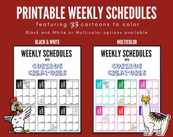 33 Weekly Schedule Printable Multicolor Planner | Weekly Cartoon to Color | PDF, Letter (8.5 x 11 in) | Print at Home | Kids ToDo List | Art