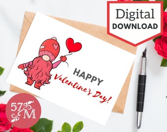 Printable Gnome Valentine's Day Greeting Card Instant Download - 5x7 inch card with Gnome. Valentine's Day Card to Download. Love Cards