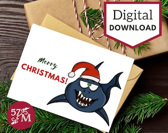 Printable Christmas Greeting Card Instant Download - Christmas Shark - 5x7 inch card for Christmas. Funny Shark Christmas Cards.