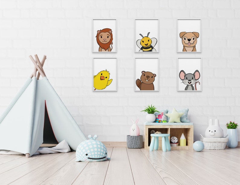 Set of 6 PRINTABLE Animal Art for Kids Rooms Bee Dog Etsy