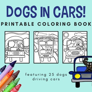 Afdrukbaar kleurboek | 25 honden in auto's | Hondenliefhebbers | Kinderactiviteit | PDF, Brief (8,5 x 11 inch) | Thuis afdrukken | Kunst | Kleur | Humor
