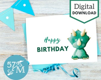 Tarjeta de felicitación de cumpleaños imprimible Descarga instantánea - Tarjeta de dinosaurio - Tarjeta de 5x7 pulgadas para cumpleaños. Tarjetas de cumpleaños de Dino - Tarjeta Triceratops