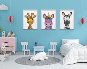 Set of 3 PRINTABLE Animal Art for Kids Rooms | Giraffe, Unicorn, Zebra | Nursery Wall Art | Kids Room Decor | Instant Download