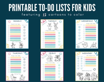 PRINTABLE Kids To-Do List | Daily Planner | Daily Cartoons to Color | Mood Diary | PDF, Letter (8.5 x 11in) | Print at Home | Art