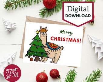 Printable Christmas Greeting Card Instant Download - Christmas Llama - 5x7 inch card for Christmas. Christmas Cards with Llama.