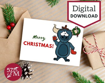 Printable Christmas Greeting Card Instant Download - Christmas Bull - 5x7 inch card for Christmas. Funny Christmas Cards.