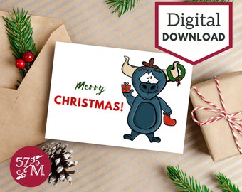 Tarjeta de felicitación navideña divertida de toro: 5x7 imprimible (descarga digital)