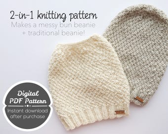KNITTING PATTERN: Knit Beanie Pattern, Bun Beanie Pattern, Slouchy Beanie Pattern, Moss Stitch Pattern, Unisex Beanie Pattern, Knit Beanie