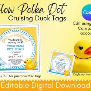 Yellow Polka Dot cruising ducks digital download | Editable, printable tag template | Canva editable tag for cruise| print at home