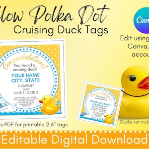 Etiquetas Cruising Duck, plantilla editable de Canva en PDF para diseño de etiquetas personalizadas, lunares amarillos
