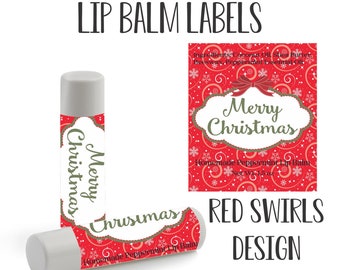 Holiday Lip Balm Labels | Merry Christmas Red Swirls Design | Lip Balm labels for your homemade Christmas gifts