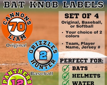 Personalized Baseball Bat Knob Labels | Equipment Decals, Set of 4