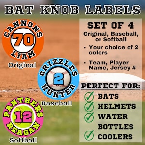 Personalized Baseball Softball Bat Knob Labels Set of 4 Helmet, Water bottles, Equipment Decals Labels for Softball Baseball Bats image 1