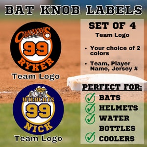 Personalized Baseball Bat Knob LOGO Labels | Set of 4 | Helmet, Water bottles, Baseball Equipment Decals | Labels for Softball Baseball Bats