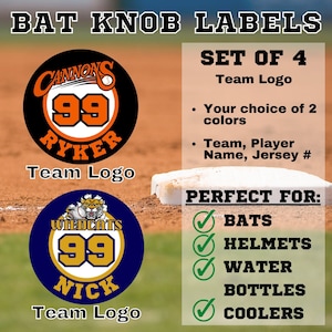 May include: Set of four baseball bat knob labels with a team logo design. The labels feature a black and orange logo with the text "Cannons 99 Ryker" and a blue and yellow logo with the text "Wildcats 99 Nick". The labels are perfect for customizing bats, helmets, water bottles, and coolers.