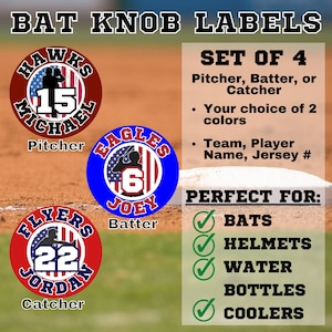 May include: Set of four baseball bat knob labels with a red, white, and blue American flag design. Each label features a baseball player silhouette, team name, player name, and jersey number. The labels are perfect for customizing bats, helmets, water bottles, and coolers.