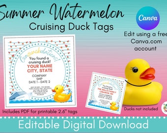 Summer Watermelon cruising ducks digital download | Editable, printable tag template | Canva editable tag for cruise| print at home