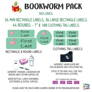 Bookworm Pack | Kid's Name Label Stickers - Waterproof, Dishwasher Safe ...