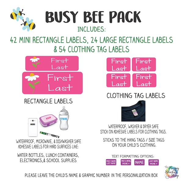 Busy Bee Pack | Kid's Name Labels,Waterproof, Dishwasher Safe for School, Daycare, Camp Personalized Sticker, Durable Long Lasting