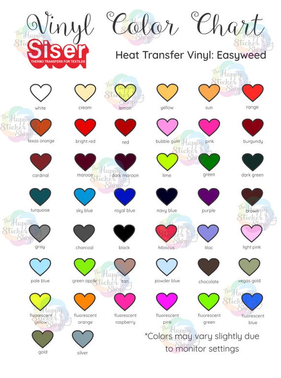 Siser Easyweed Vinyl Color Chart
