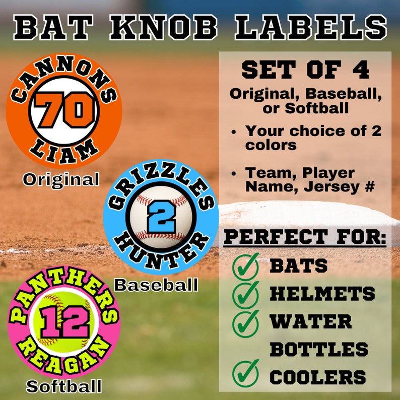 Personalized Baseball Softball Bat Knob Labels Set of 4 Helmet, Water bottles, Equipment Decals Labels for Softball Baseball Bats image 1