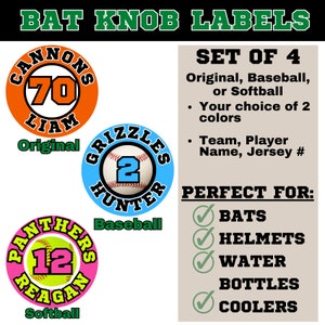 Personalized Baseball Softball Bat Knob Labels Set of 4 Helmet, Water bottles, Equipment Decals Labels for Softball Baseball Bats image 4
