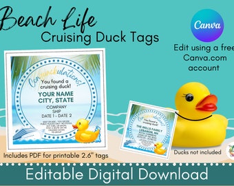 Beach Life Cruising Duck Tags: Editable Canva Template (Digital Download)