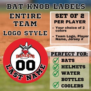 May include: Red and white baseball bat knob labels with the text "BANDITS" and "LAST NAME" in a circle. The labels are for an entire team and include the team logo, player name, and jersey number. The labels are perfect for bats, helmets, water bottles, and coolers.