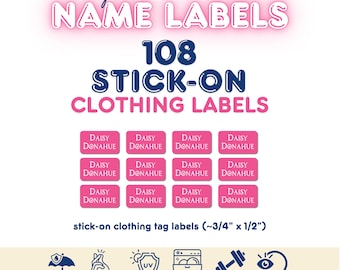 May include: A set of 108 personalized stick-on clothing labels in pink with the name Daisy Donahue printed in white. The text reads personalized NAME LABELS 108 STICK-ON CLOTHING LABELS and stick-on clothing tag labels (~3/4" x 1/2").