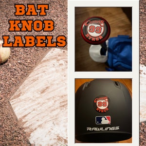 Personalized Baseball Softball Bat Knob Labels Set of 4 Helmet, Water bottles, Equipment Decals Labels for Softball Baseball Bats image 3