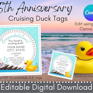 Descarga digital de los patos de crucero del 25.º aniversario / Plantilla de etiqueta editable e imprimible / Etiqueta editable de Canva para cruceros / Impresión en casa