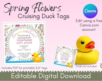 Spring Flowers Cruising Ducks Tag Template: Editable Canva Design (Digital Download)