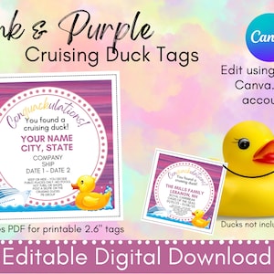 Pato Crucero Etiquetas: Rosa y Morado, Plantilla editable de Canva (Descarga digital)