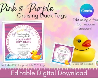 Cruising Duck Tags: Pink & Purple, Editable Canva Template (Digital Download)