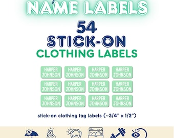 May include: A set of 54 personalized name labels for clothing, featuring the name Harper Johnson in white text on light green rectangular stickers. The labels measure approximately 3/4 inch by 1/2 inch and include icons for waterproof, UV safe, dishwasher safe, and strong adhesive features.