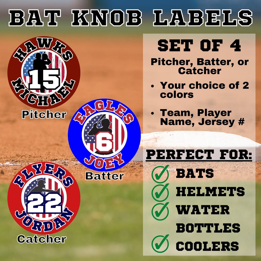Personalized Baseball Bat Knob Labels Set of 4 Helmet, Water Bottles, Baseball Equipment Decals