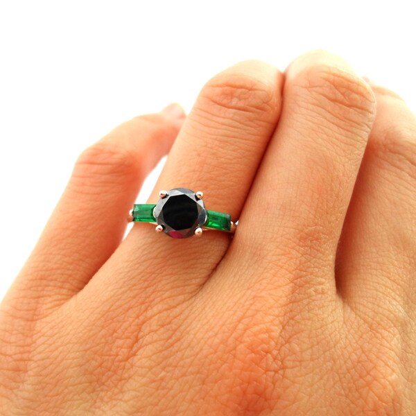 Stunning 1.5 Carat Natural Black Diamond and Colombian Emerald Engagement Ring Size 7