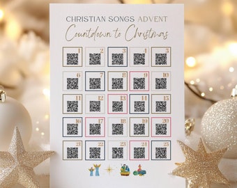 Puede incluir: Una tarjeta blanca con el texto "CHRISTIAN SONGS ADVENT Countdown to Christmas" impreso en dorado. La tarjeta tiene una cuadrícula de 25 cuadrados, cada uno con un código QR. Los cuadrados están numerados del 1 al 25. La tarjeta está rodeada de luces navideñas y adornos.